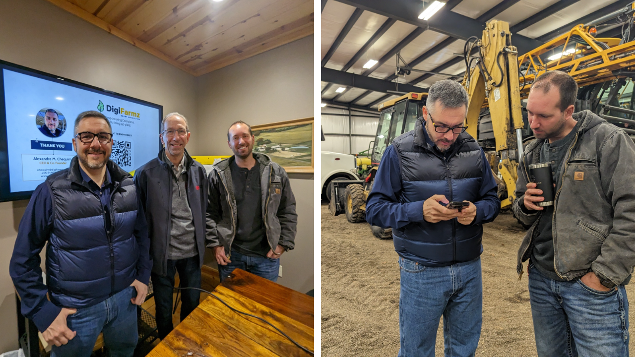Collage image os Alexandre, Steve Stewart and Garret Stewart in an office and Alexandre and Garret in front of a heavy equipment looking at a phone screen